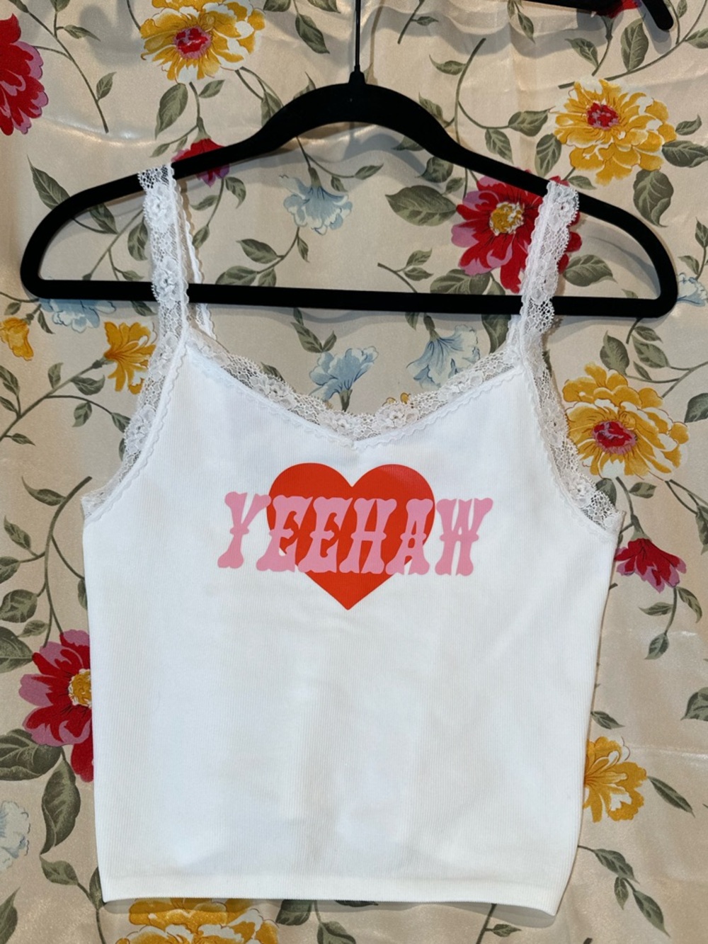 WILDER MADE WESTERN COWGIRL LACE TRIM WHITE 'YEEHAW' HEART CROP TANK SIZE M